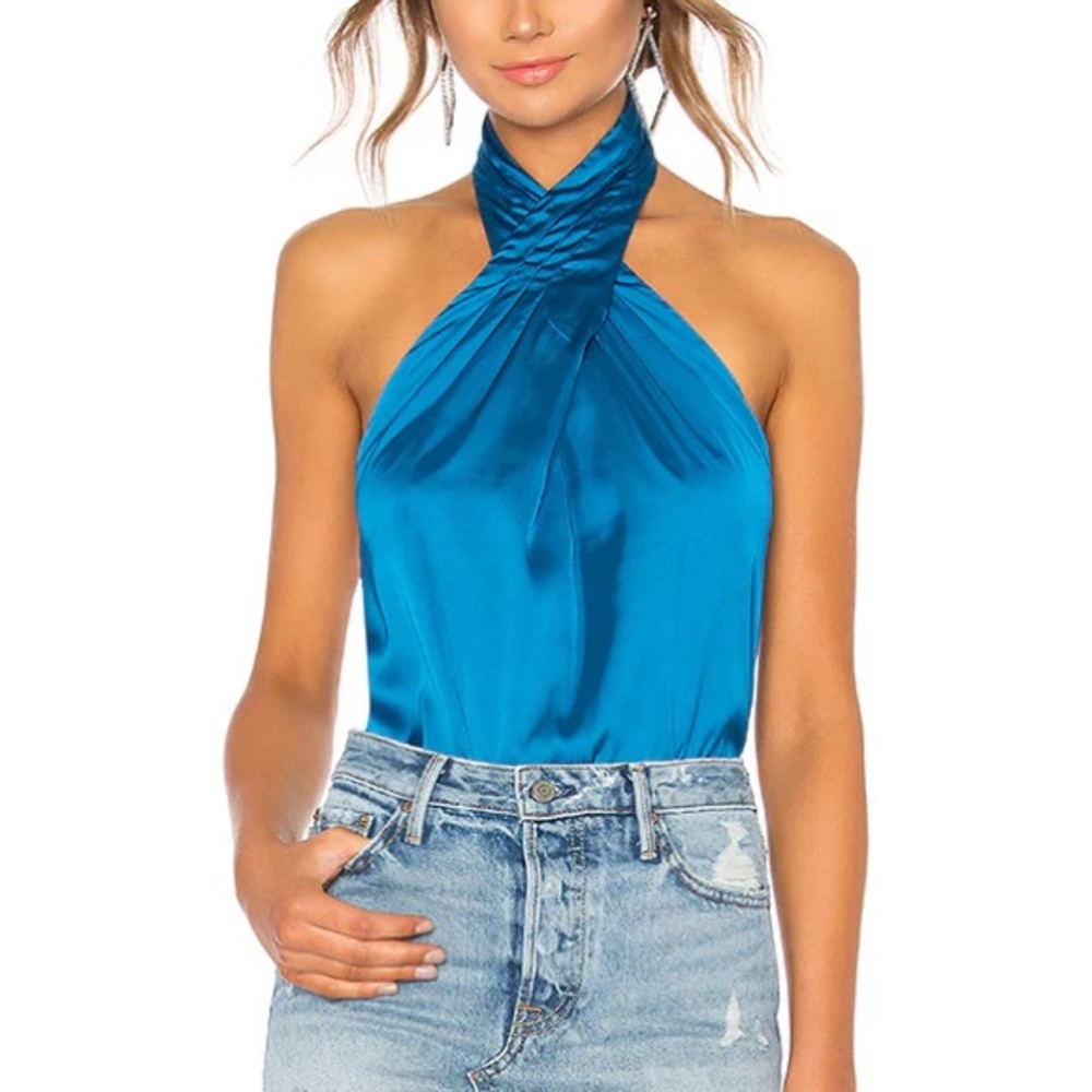 REVOLVE Blue Ruched Halter Blouse